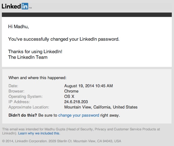 LinkedIn password change