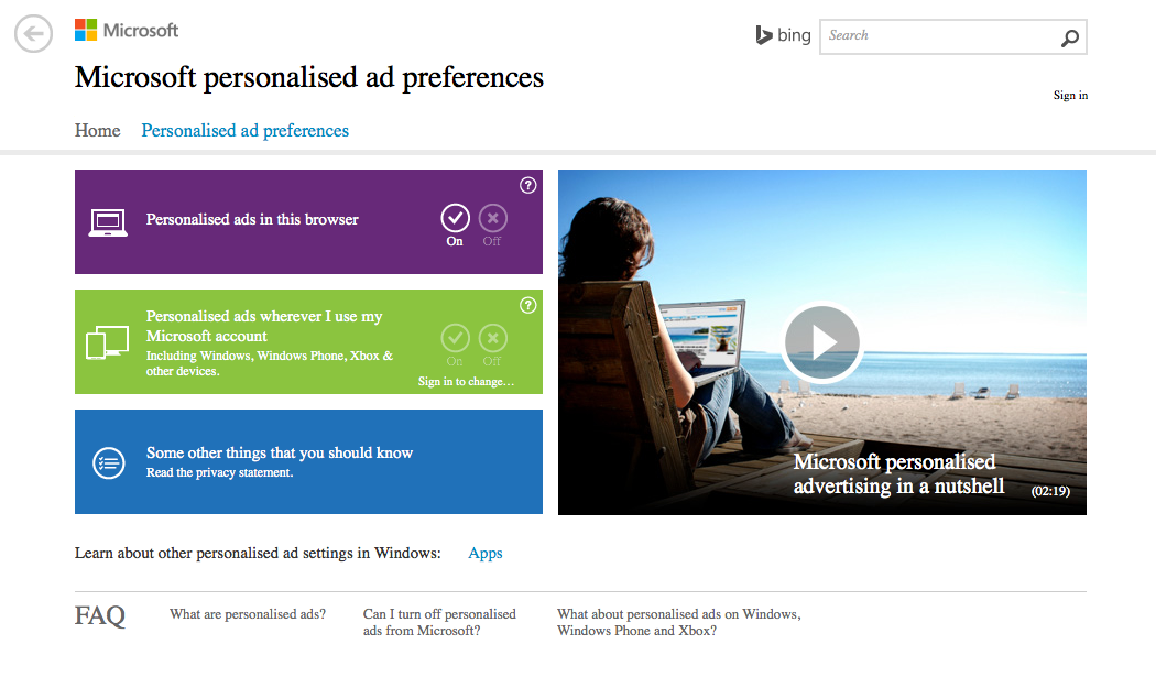 Windows 10 Personalised Ads