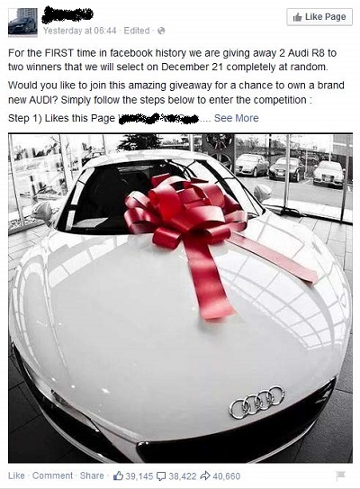 Audi R8 Facebook like-farming scam