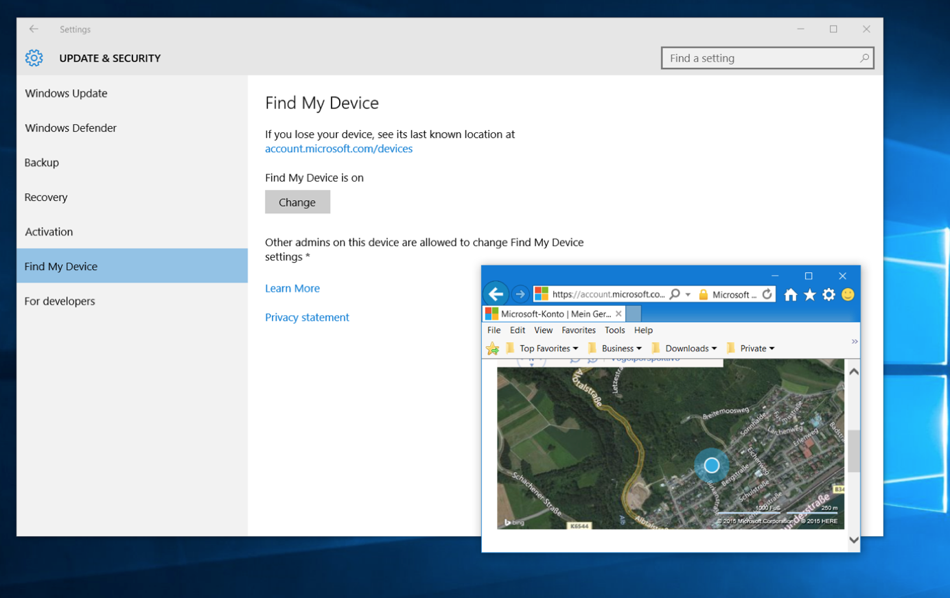 Windows 10 find my device feature