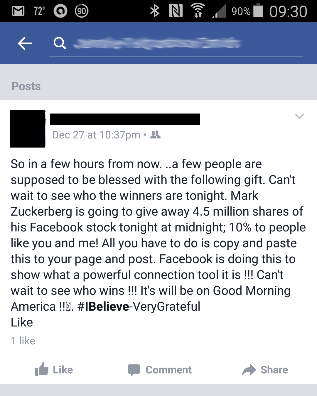 Facebook newsfeed hoax