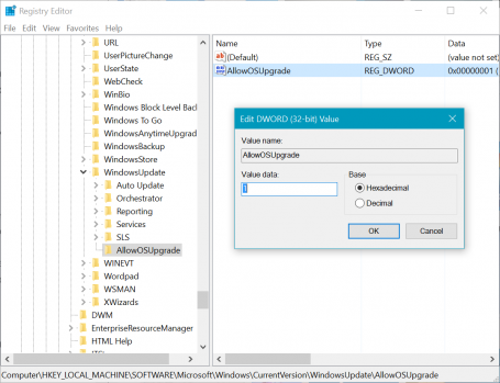 Windows Registry Editor with AllowOSUpgrade
